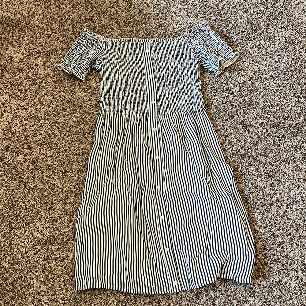 Navy and white striped off the shoulder dress